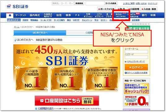 「NISA・つみたてNISA」のボタンをクリック